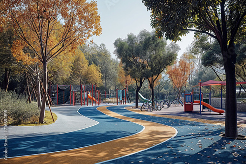 minimalist public park with wheelchair-accessible pathways and inclusive play equipment, fostering an environment where everyone can enjoy outdoor spaces in a minimalistic photo photo