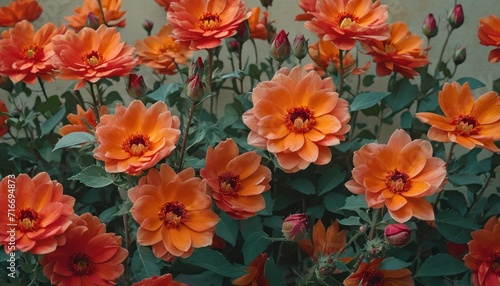  a bunch of orange flowers that are growing in a planter with green leaves and red flowers in the middle of the picture  with a white wall in the background.