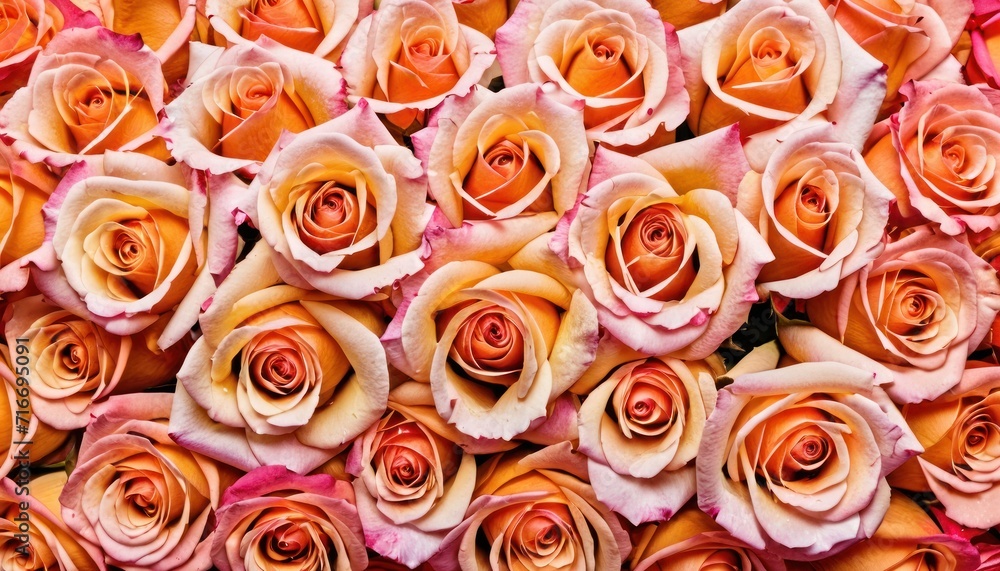 a bunch of orange and pink roses that are very close to each other in a close - up view of the center of the picture, with a lot of pink and orange roses in the middle of the middle. a bunch of orange and pink roses that are very close to each other in a close - up view of the center of the picture, with a lot of pink and orange roses in the middle of the middle.