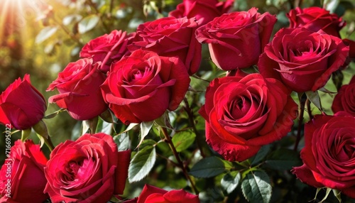  a bunch of red roses with the sun shining in the background and a green bush in the foreground with leaves and stems in the foreground, on a sunny day.