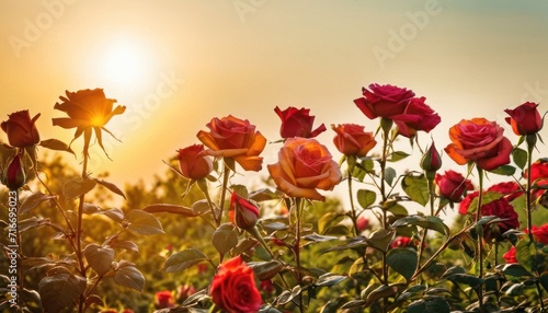  a field of red and yellow roses with the sun in the sky in the background and a field of green grass with red and yellow flowers in the foreground.
