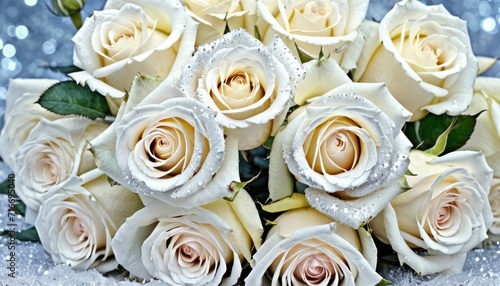  a bouquet of white roses sitting on top of a glitter covered tablecloth covered in drops of water on top of a blue table cloth covered with sparkling sequints.
