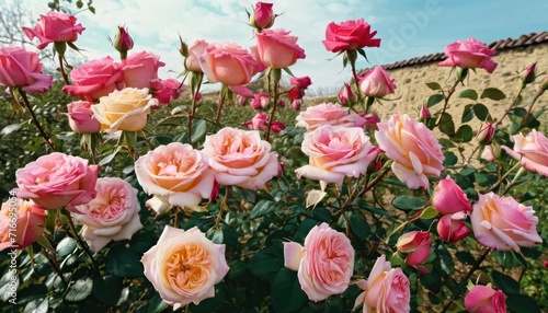  a field full of pink and yellow roses on a sunny day with a building in the background and a blue sky with wispy wispy clouds in the background.