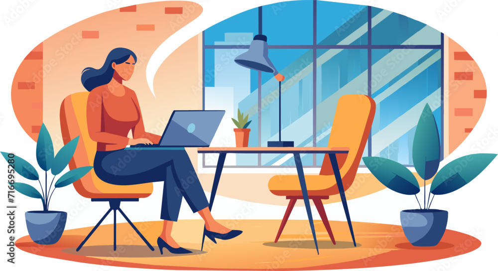 Professional woman working on laptop in modern home office setting. Vector Illustration.