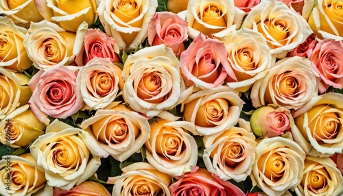  a large group of multicolored roses with green leaves on the bottom of the petals and a yellow center in the middle of the middle of the middle of the petals.