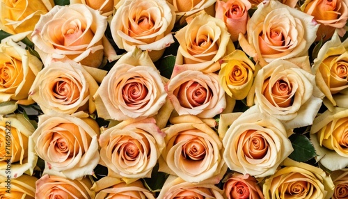  a bunch of orange and yellow roses are arranged in a close up view of the center of the picture  with a green stem in the middle of the middle of the picture.