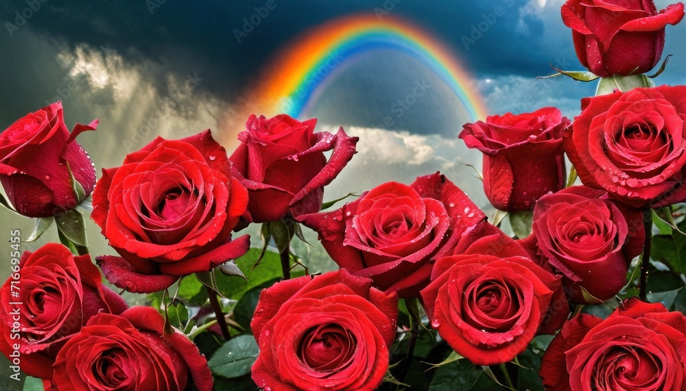 a rainbow in the sky with a bunch of red roses in the foreground and a rainbow in the background with a dark cloud filled sky and a rainbow in the background. a rainbow in the sky with a bunch of red roses in the foreground and a rainbow in the background with a dark cloud filled sky and a rainbow in the background.