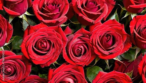  a close up of a bunch of red roses with water droplets on the petals and green leaves in the middle of the petals  with a background of many red roses.