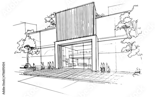 Line drawing of an architectural building. , Graphic assembly in architecture and interior design work. ,Sketch ideas for interior or exterior designs.