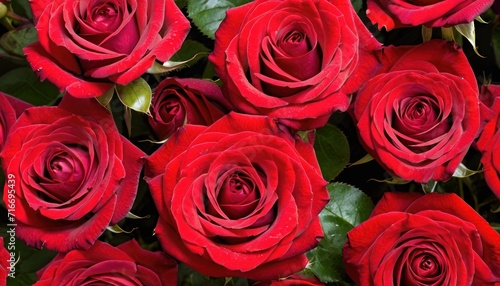  a close up of a bunch of red roses with water droplets on the petals and green leaves in the middle of the petals  with a background of many red roses with green leaves.