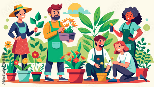 Cheerful group of friends enjoying gardening together outdoors. Vector Illustration.