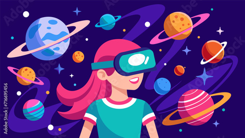 Young girl experiencing virtual reality space adventure. Vector Illustration.