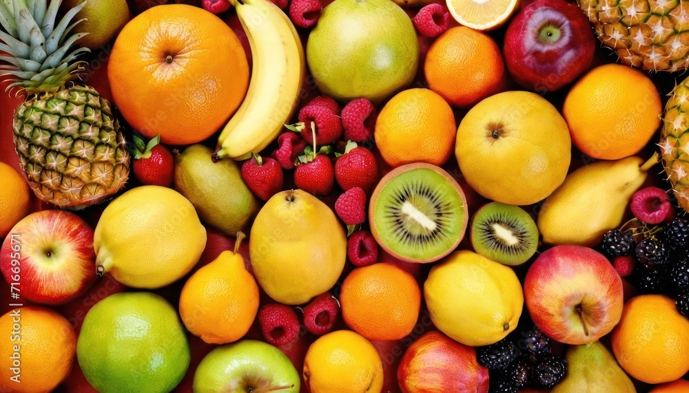  a pile of fruit including apples, oranges, kiwis, bananas, and pineapples on a red surface with a pineapple in the middle.
