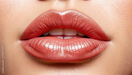  a close up shot of a woman's lips with bright red lipstick on top of her cheek and bottom half of her lips showing the upper lip and bottom part of the lip.