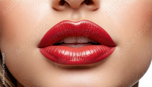  a close up shot of a woman's lips with a red lipstick shade on top of her lip and bottom half of her face to the other half of her face.