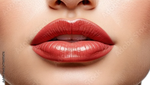  a close up of a woman's lips with a bright red lipstick shade on top of her lip and bottom of her lip, and bottom half of her face.