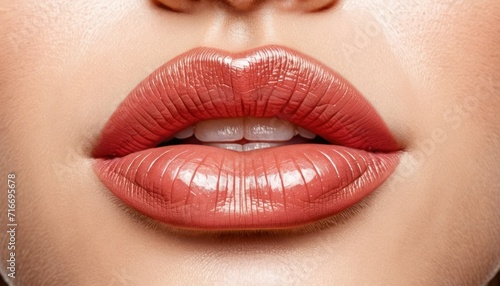  a close up of a woman's lips with a red lipstick shade on top of her lip and the bottom half of her face with a red lip ring.