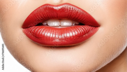  a close up shot of a woman's lips with bright red lipstick on her cheek and a red lip ring in the middle of the lip of her mouth.