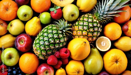  a pile of assorted fruits including pineapples  oranges  apples  bananas  and kiwis on a bed of oranges and strawberries.