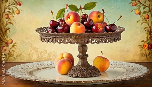  a painting of a platter of fruit on a table with a painting of a peaches and cherries on the side of the platter on the table. © Jevjenijs