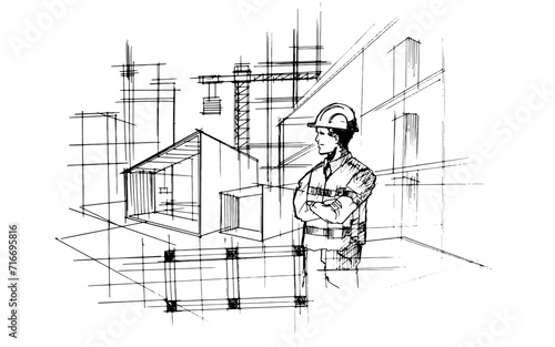 Line drawing of an architectural and construction line. , Graphic assembly in architecture and interior design work. ,Sketch ideas for interior or exterior designs.