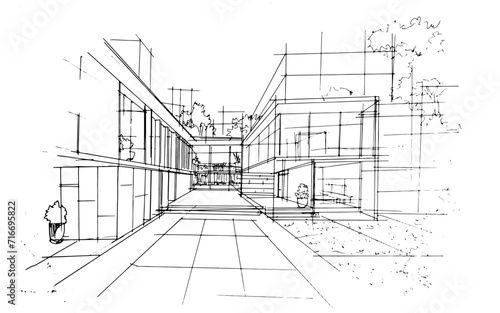Line drawing of an architectural residential building. , Graphic assembly in architecture and interior design work. ,Sketch ideas for interior or exterior designs.