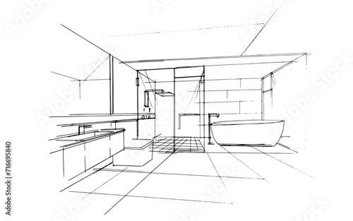 Line drawing of a residential bathroom. , Graphic assembly in architecture and interior design work. ,Sketch ideas for interior or exterior designs.