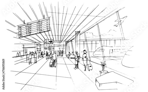 Line drawing of airport passenger arrival and departure terminals. , Graphic assembly in architecture and interior design work. ,Sketch ideas for interior or exterior designs.