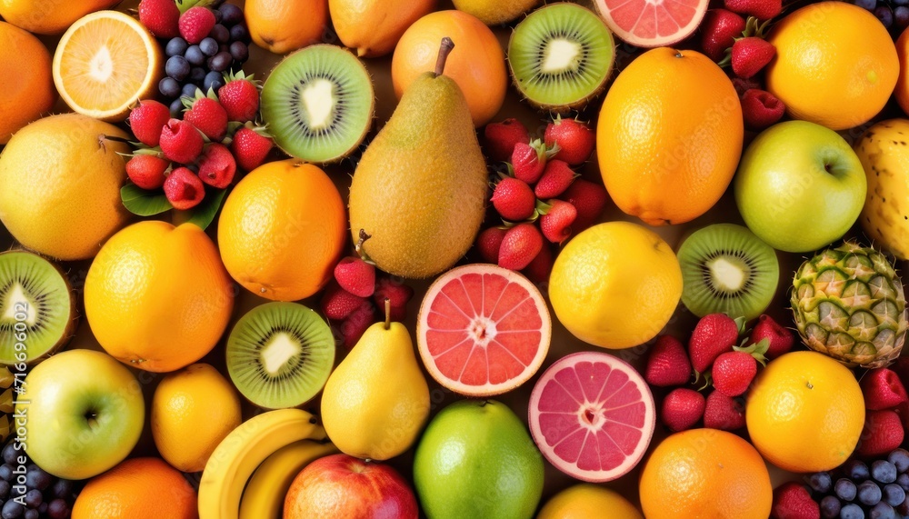 a pile of fruit including oranges, kiwis, bananas, strawberries, grapes, pineapples, kiwis, and watermelon. a pile of fruit including oranges, kiwis, bananas, strawberries, grapes, pineapples, kiwis, and watermelon.