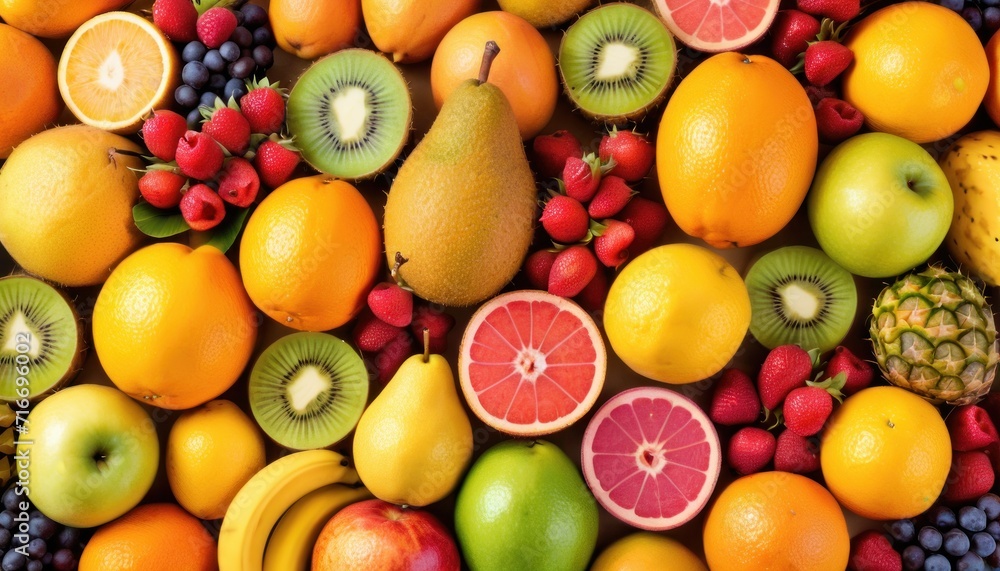  a pile of fruit including oranges, kiwis, bananas, strawberries, grapes, pineapples, kiwis, and watermelon.