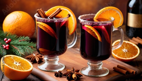  two glasses of mulled with orange slices, cinnamons, cinnamon sticks, and an orange slice on a cutting board with a bottle of wine in the background.
