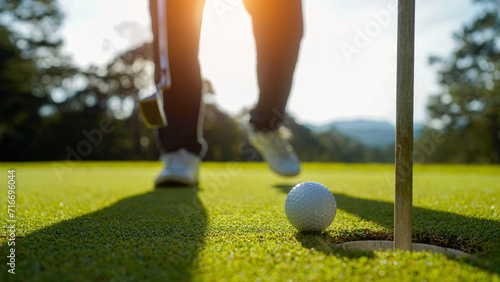 golf ball is placed on the putting green and a golfer is walking towards the golf hole and the golf ball. photo