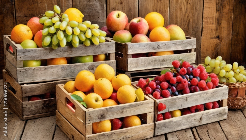 a pile of fruit sitting on top of a wooden crate next to a pile of grapes, apples, oranges, and raspberries on a wooden floor. a pile of fruit sitting on top of a wooden crate next to a pile of grapes, apples, oranges, and raspberries on a wooden floor.