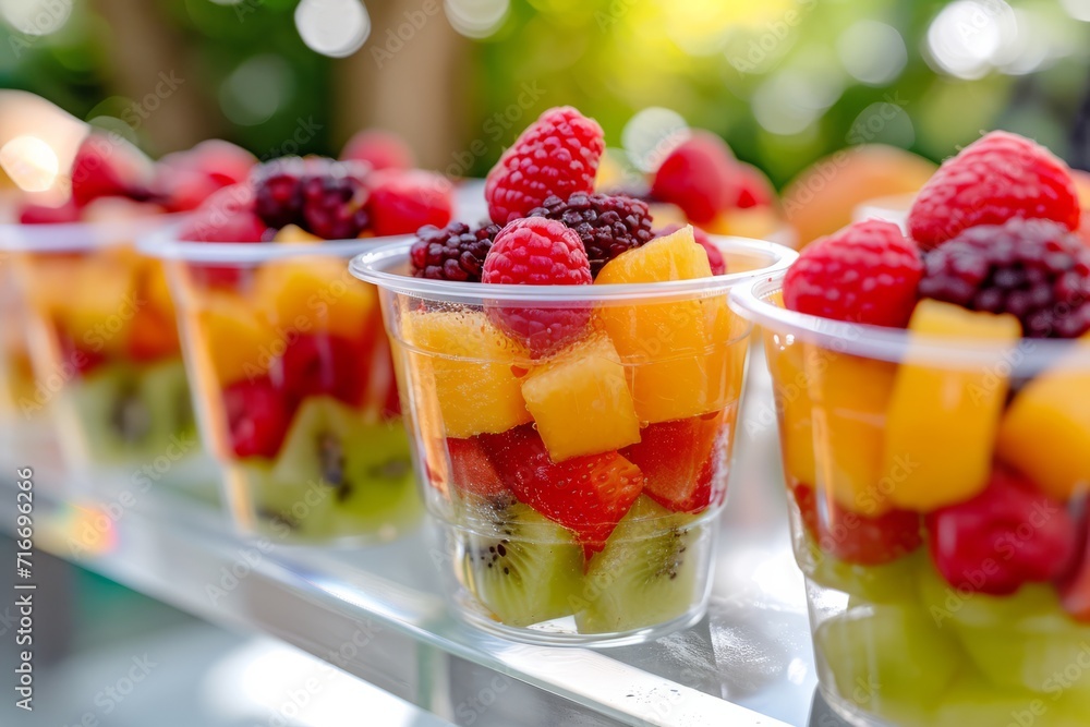 Fresh fruit cups with assorted berries on a sunny day, ideal for healthy lifestyle concepts. Fresh fruit cups with assorted berries on a sunny day, ideal for healthy lifestyle concepts.