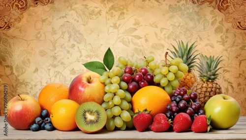  a pile of fruit sitting on top of a table next to a painting of a pineapple  oranges  apples  grapes  and a kiwifruit.