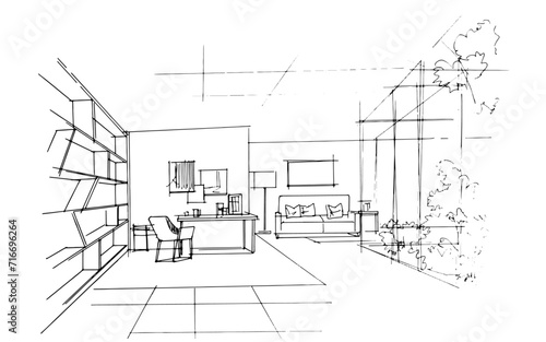 Drawing exterior and interior architectural lines. , Graphic assembly in architecture and interior design work. ,Sketch ideas for interior or exterior designs.