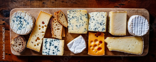 un plateau de fromages Français, bien présentés sur une planche en bois, vu de dessus - format panoramique
