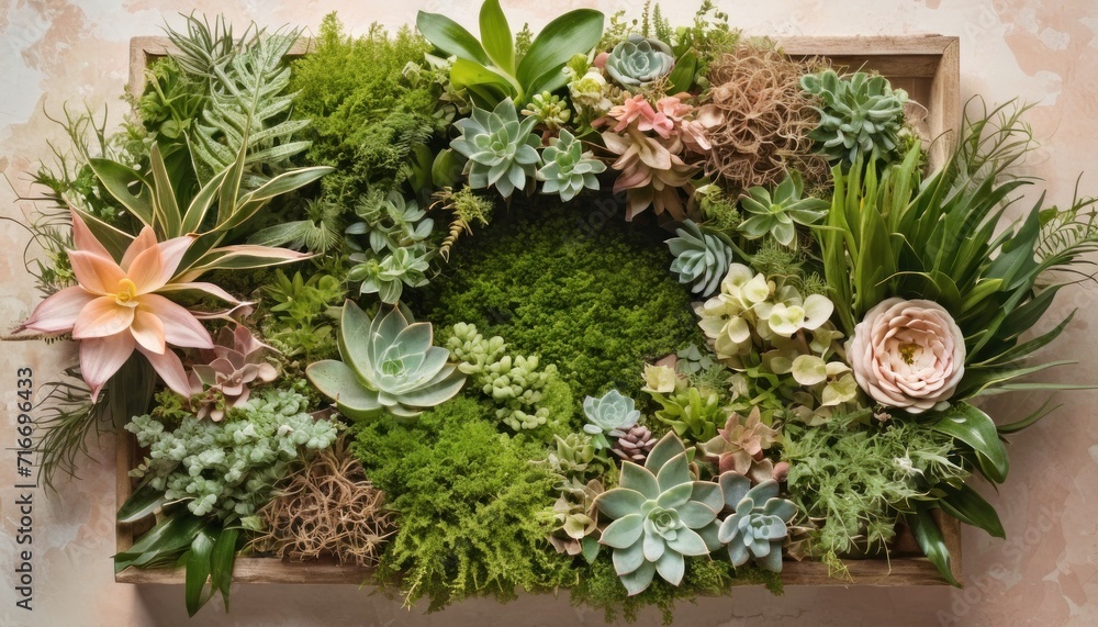  an arrangement of succulents and other plants arranged in a square wooden box on a wall in the corner of a room with a wallpapered wall.