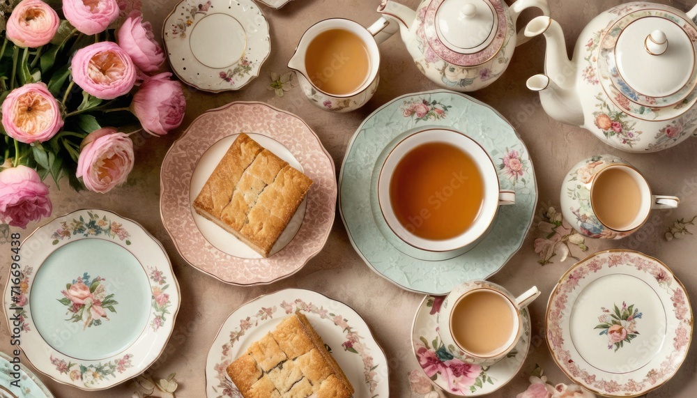 a table topped with lots of plates and cups filled with different types of desserts and teacups next to a bouquet of flowers and a vase of pink roses. a table topped with lots of plates and cups filled with different types of desserts and teacups next to a bouquet of flowers and a vase of pink roses.
