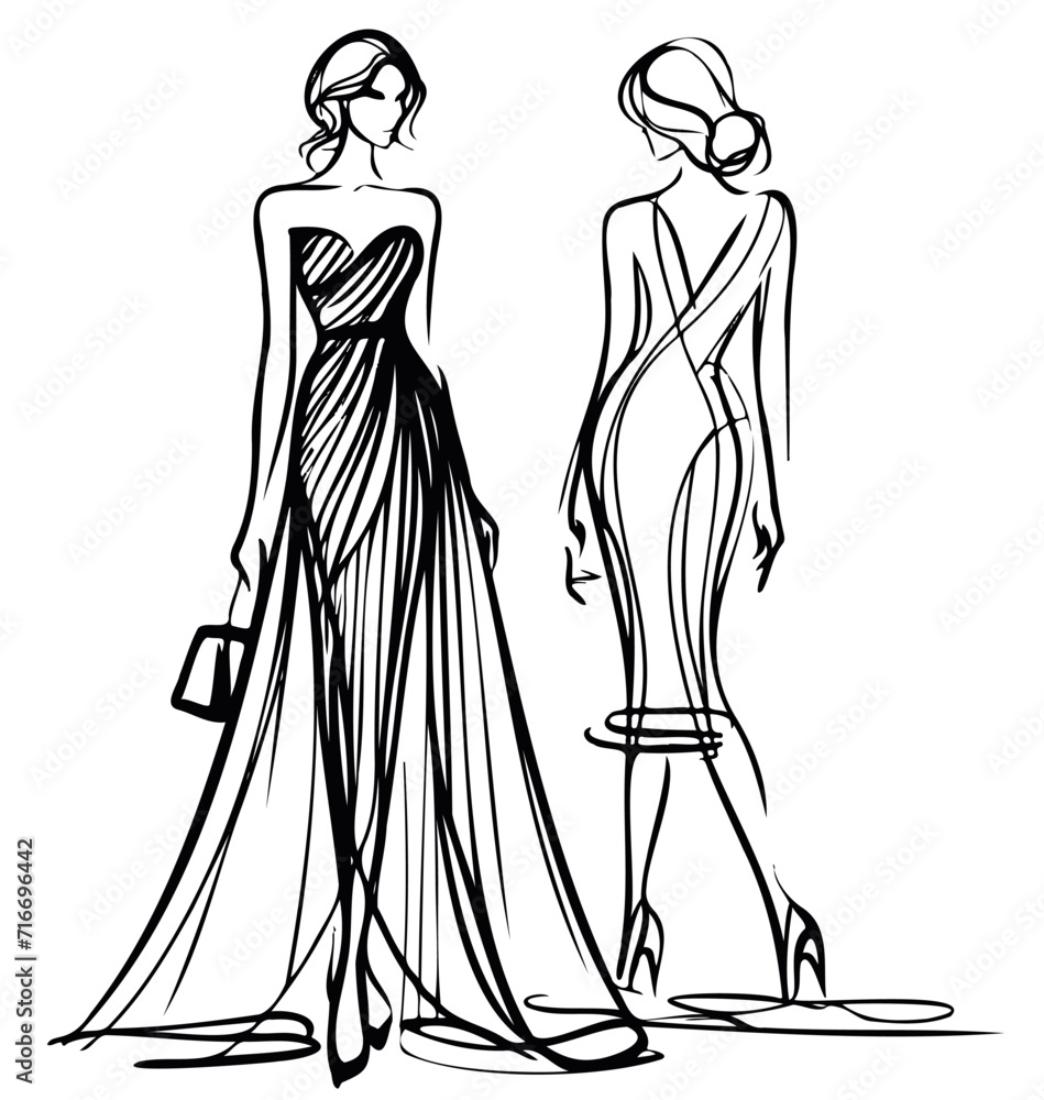 Girls in dress illustration. Fashion sketch Girls in dress illustration. Fashion sketch