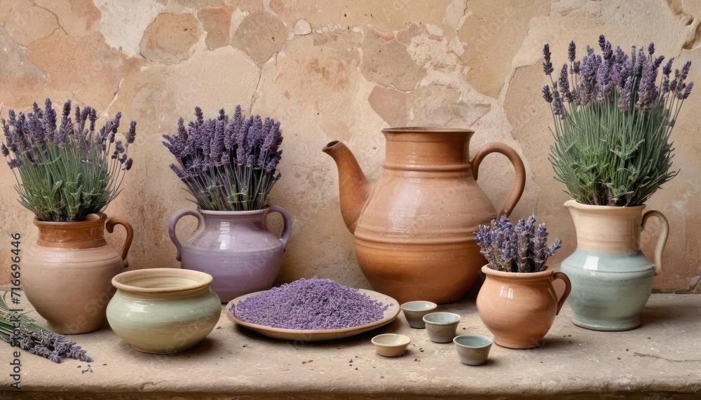 a table topped with vases filled with different types of purple flowers and lavenders on top of a stone slab next to other vases and a stone wall. a table topped with vases filled with different types of purple flowers and lavenders on top of a stone slab next to other vases and a stone wall.
