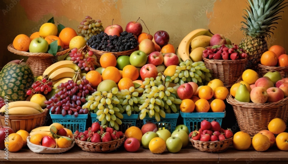  a pile of fruit sitting on top of a wooden table next to baskets of bananas, apples, oranges, and pineapples on top of a table.