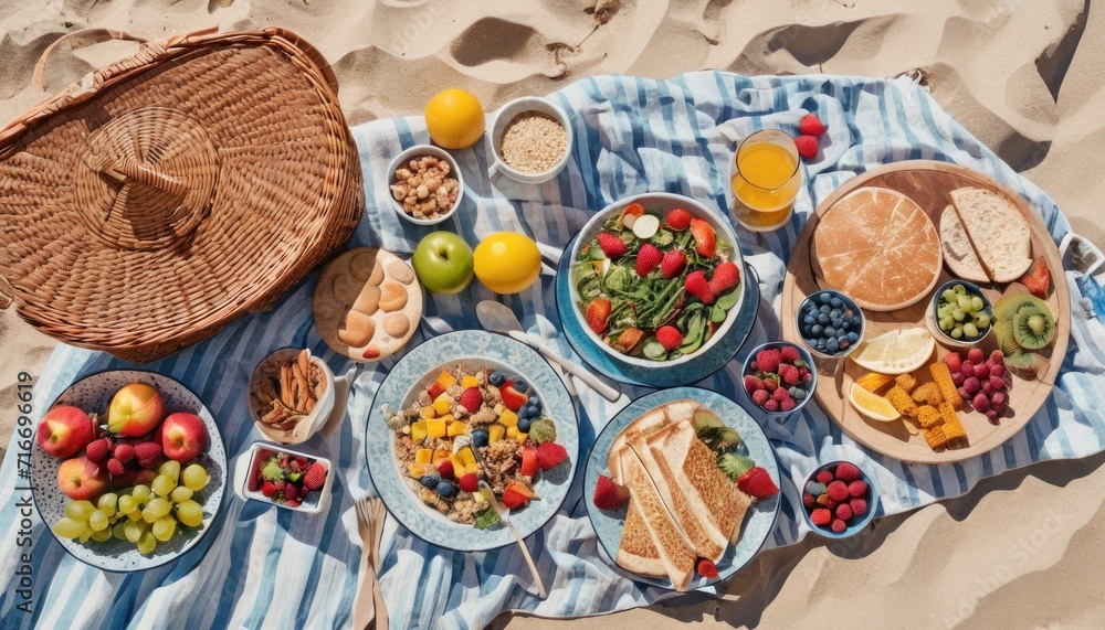  a bunch of food is laying out on a towel on the beach with a basket of oranges, grapes, strawberries, strawberries, and other foods.