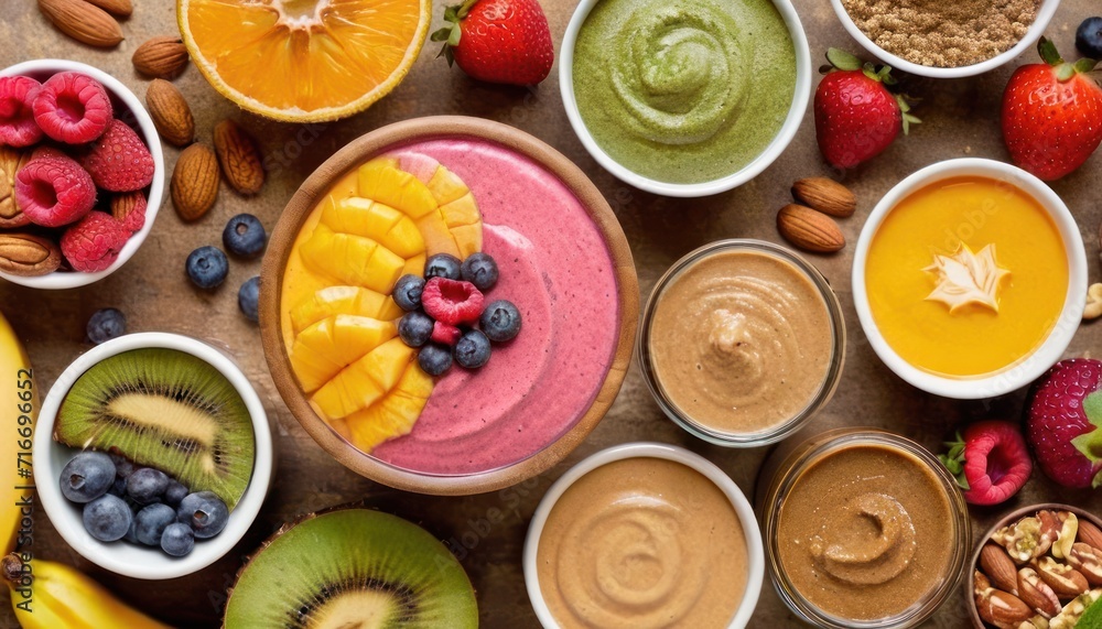 a variety of fruits, nuts, and dips are arranged in small bowls on a table with a variety of fruits and dips on top of the bowls. a variety of fruits, nuts, and dips are arranged in small bowls on a table with a variety of fruits and dips on top of the bowls.