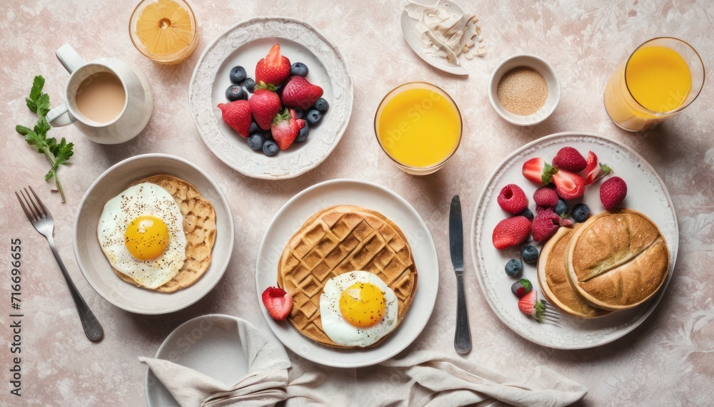 a breakfast of waffles, eggs, fruit, and orange juice is laid out on a table with a cup of coffee and a plate of orange juice. a breakfast of waffles, eggs, fruit, and orange juice is laid out on a table with a cup of coffee and a plate of orange juice.