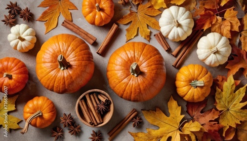  a table topped with lots of orange and white pumpkins next to cinnamon sticks and star anisettes on top of a table covered in leaves and next to a wooden spoon.