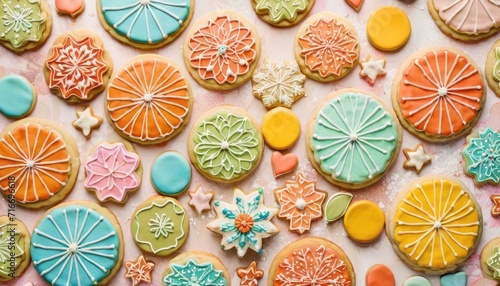  a close up of a bunch of cookies on a table with icing and icing on top of the cookies and icing on the top of the cookies.