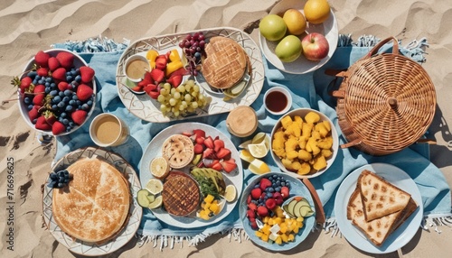  a table topped with plates of food on top of a sandy beach next to a basket of fruit and a plate of waffles next to a bowl of fruit.