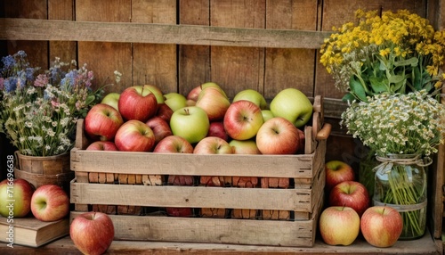  a crate filled with lots of red and green apples next to a vase of flowers and a vase filled with yellow and white flowers next to a vase with yellow flowers.