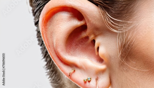  a close up of a person s ear with a pair of ear piercings on the end of the ear and a pair of earrings on the end of the end of the ear.